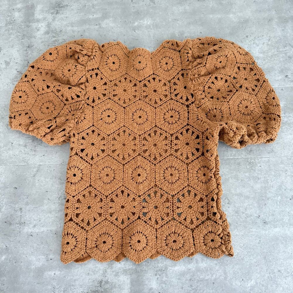 Zara crochet knit top puffy sleeves burnt orange/brown color Womens size small - Picture 4 of 7